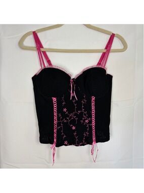 Native Intimates Black Pink Embroidered Lace Up Corset Bustier Camisole Top 36B
